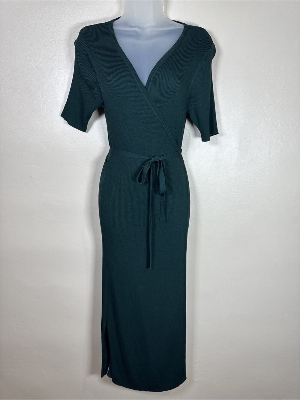 All Row Womens Wrap Midi Dress Rib Knit Green Stretch V Neck S Sexy Body Con